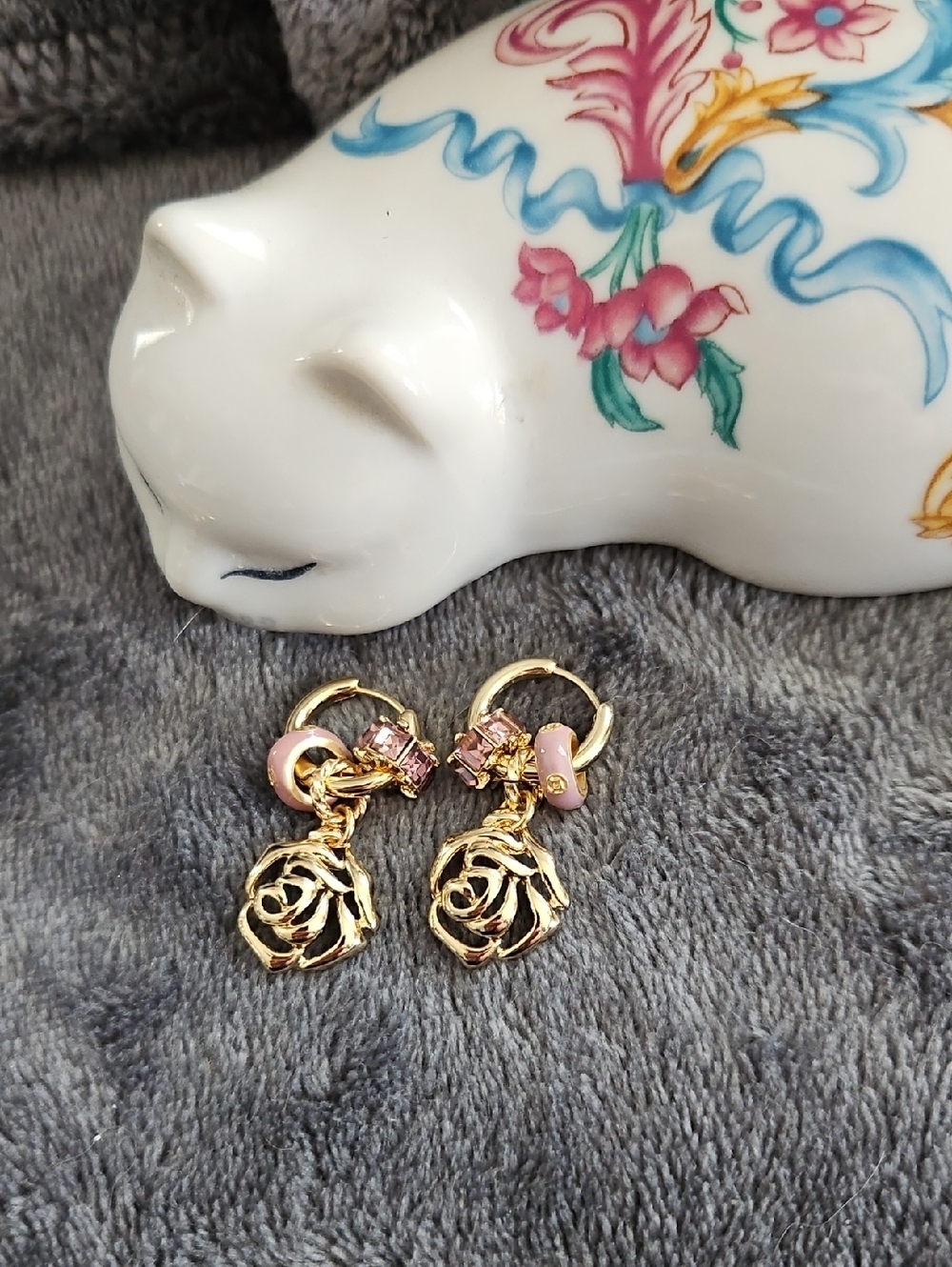 Gold tone Bling Charm Rose Mini Hoop Earrings